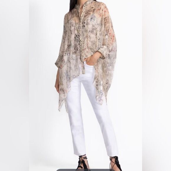 Johnny Was Katia Cream and Gray Script Oversize Silk Blouse - Picture 4 of 5